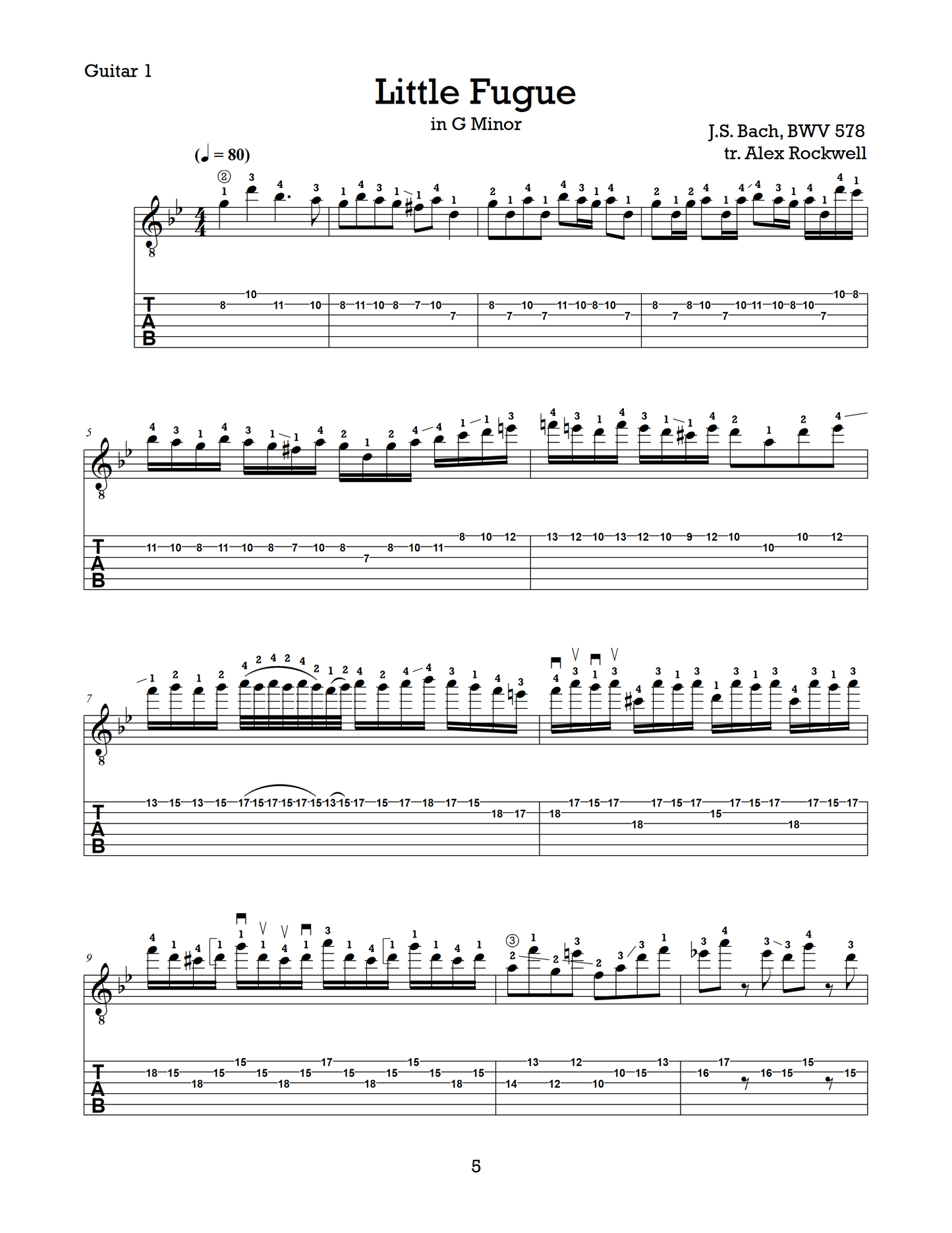 J.S. Bach: Little Fugue in G Minor, BWV 578 for 3 Guitars & Bass Guitar